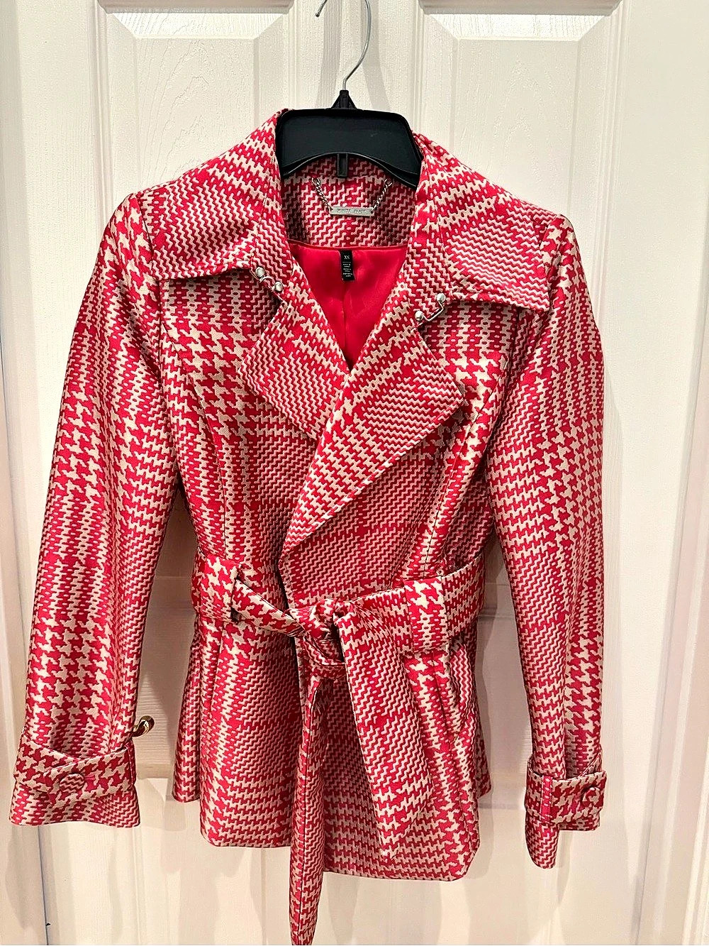 White House Black Market Obsessed Plaid Trench Coat Red & Off White in Size XS